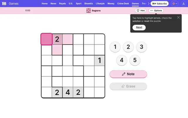 The day's Suguru board on the Daily Mail games page: a 6 by 6 grid split into outlined blocks with the given digits 2, 1, 2, 4 and 2, the digit buttons 1 to 5 and Note and Erase beside it