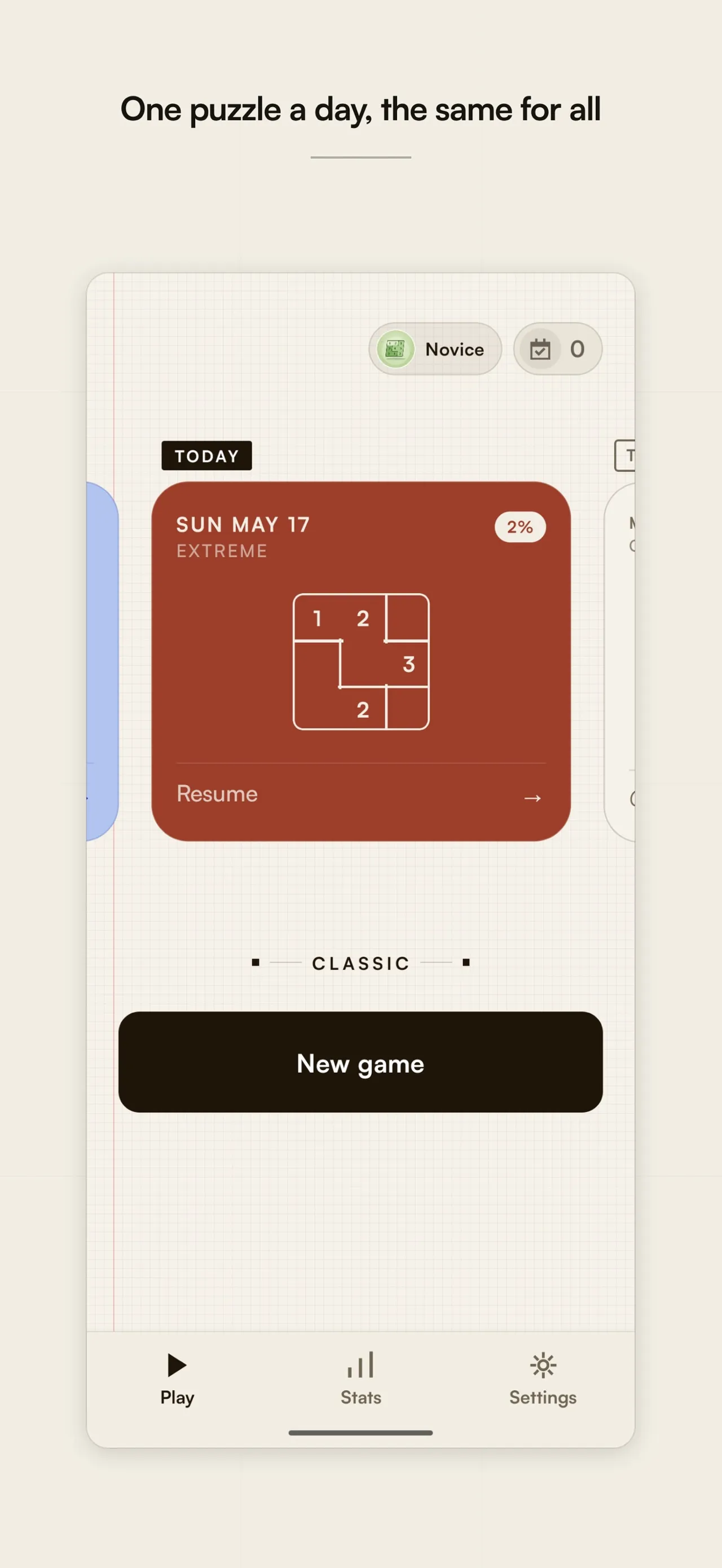 Suguru Daily home screen with a Today card for Sun May 17, Extreme, captioned One puzzle a day, the same for all