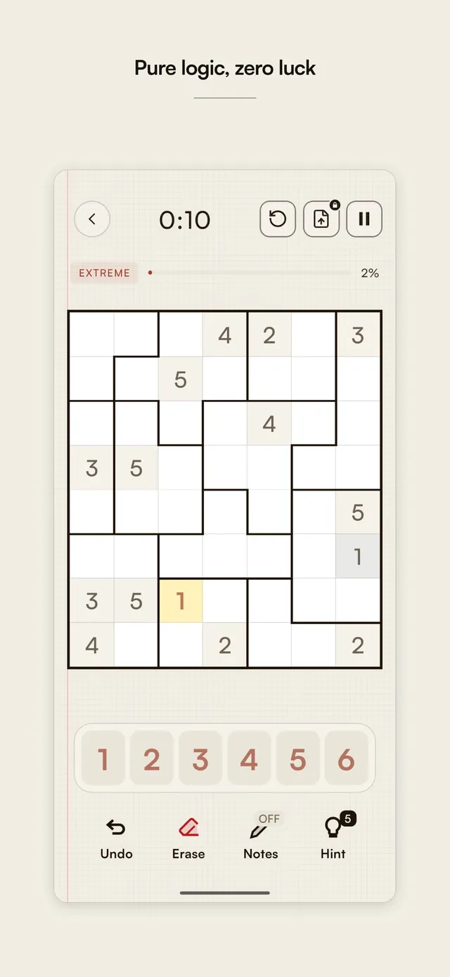 Suguru Daily Extreme grid in play with a timer at 0:10, number keys 1 to 6 and Undo, Erase, Notes and Hint buttons, captioned Pure logic, zero luck