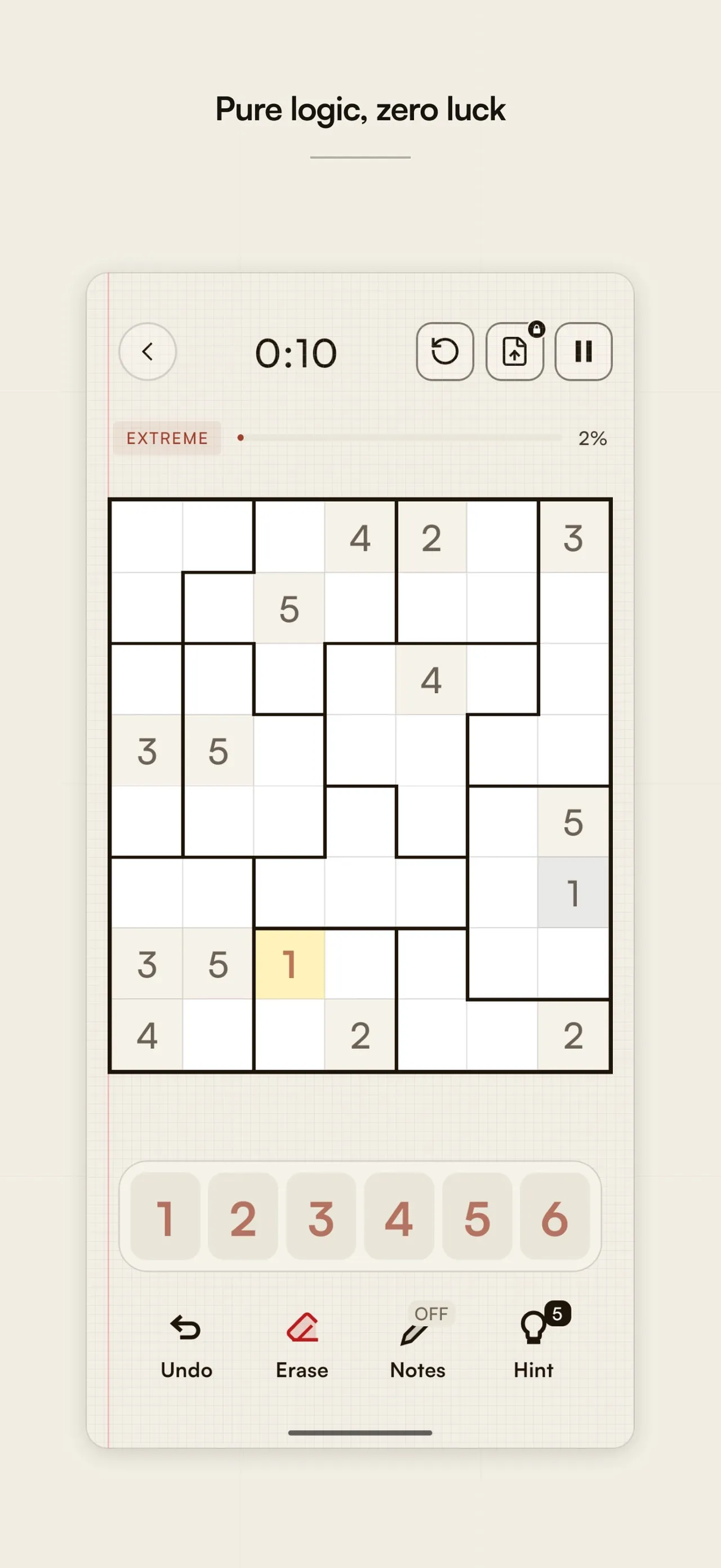 Suguru Daily Extreme grid in play with a timer at 0:10, number keys 1 to 6 and Undo, Erase, Notes and Hint buttons, captioned Pure logic, zero luck