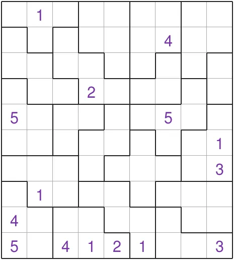 Today's medium Suguru grid on PuzzleMadness, a 9x10 board of outlined irregular regions with a few numbers given