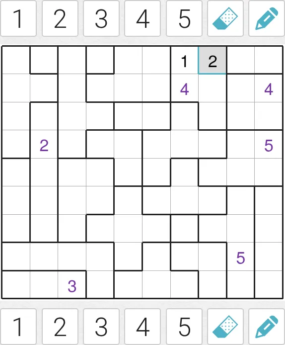 The Medium Suguru on PuzzleMadness for 28 October 2026, a 10x9 grid of outlined regions with a few givens, two numbers entered and the 1 to 5 number pad above and below