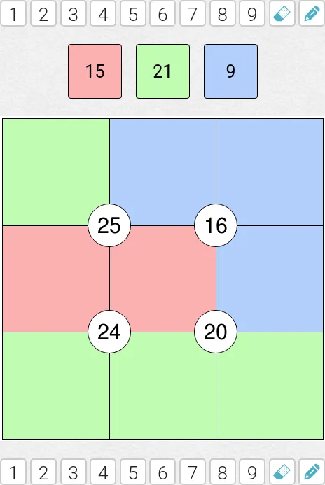 The Medium Suko for 28 October 2026 on PuzzleMadness: an empty 3x3 grid in green, blue and red with quadrant sums 25, 16, 24 and 20 and colour totals 15, 21 and 9