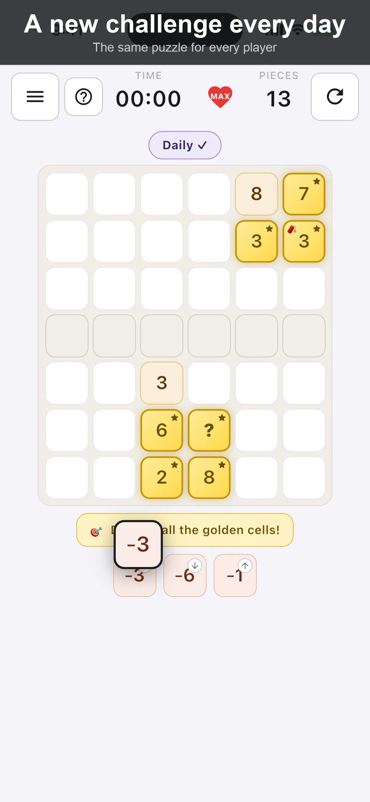 A Sum Fall Daily board with golden starred cells to destroy and a row of numbered pieces waiting to be placed