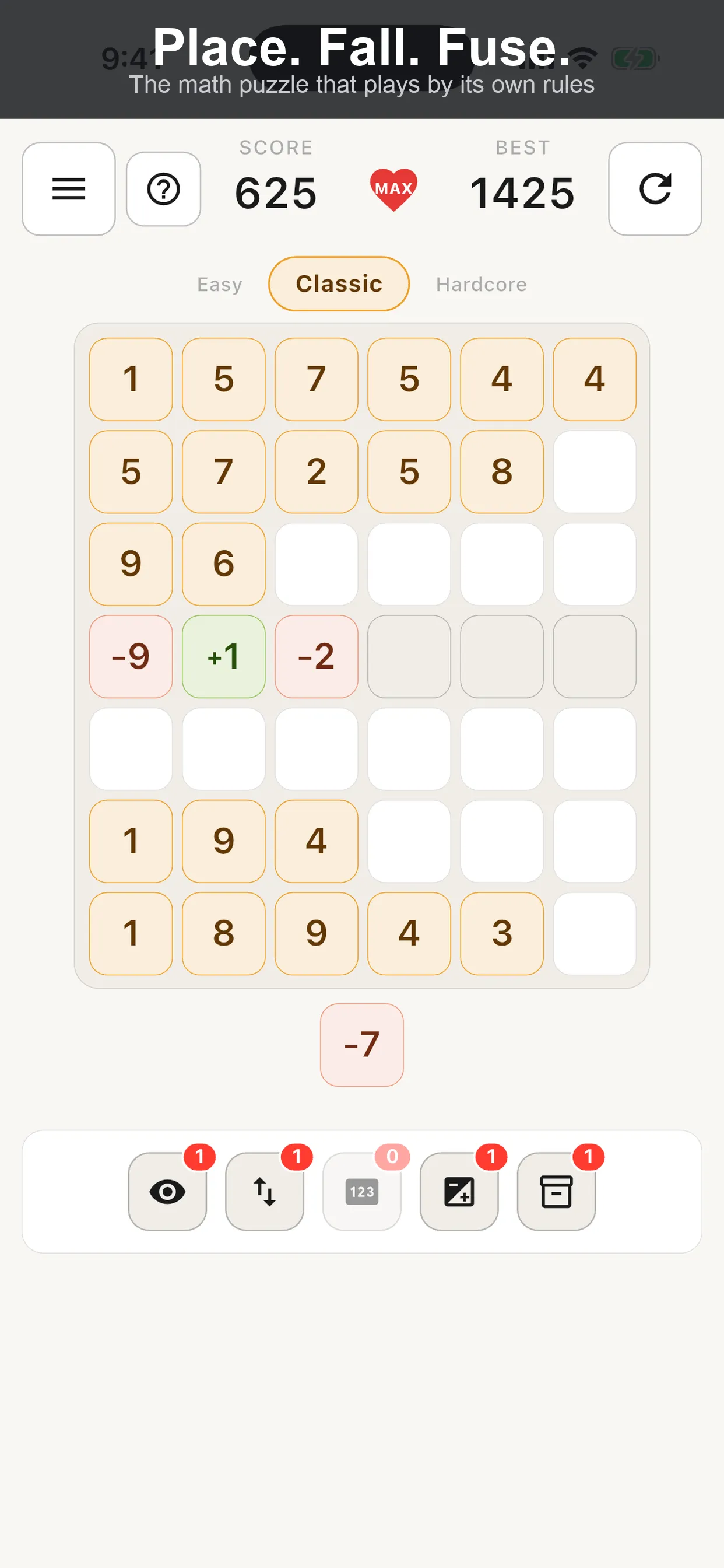 A Sum Fall Classic game: numbered tiles stacked above and below the centre row, with the score and power-ups