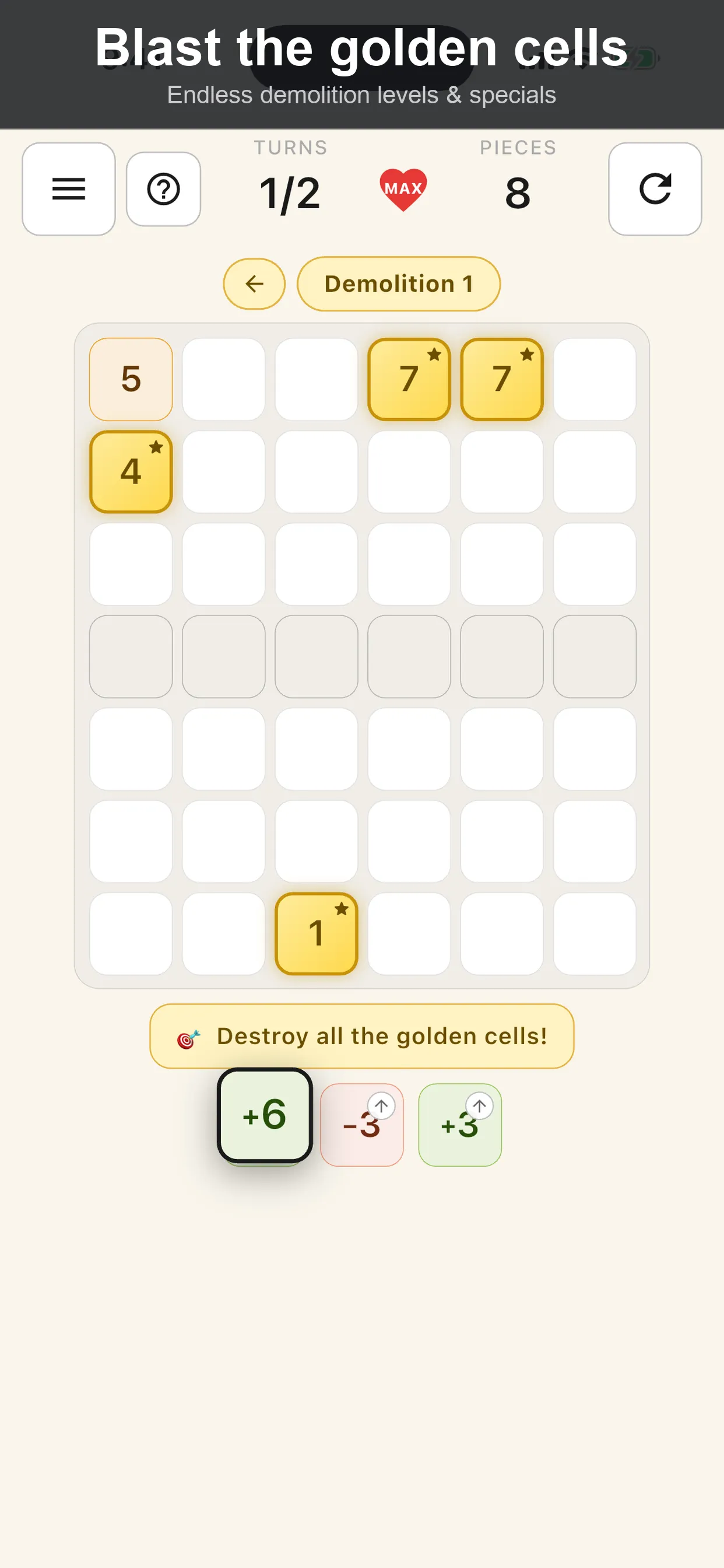 A Sum Fall Demolition level with a few golden cells and three pieces to play