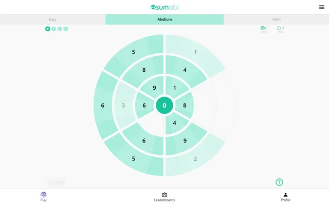 Sumabl Medium board for the day: three rings of teal segments holding numbers such as 5, 8, 9, 1, 4 and 6 around a centre showing 0, with the move and reset counters