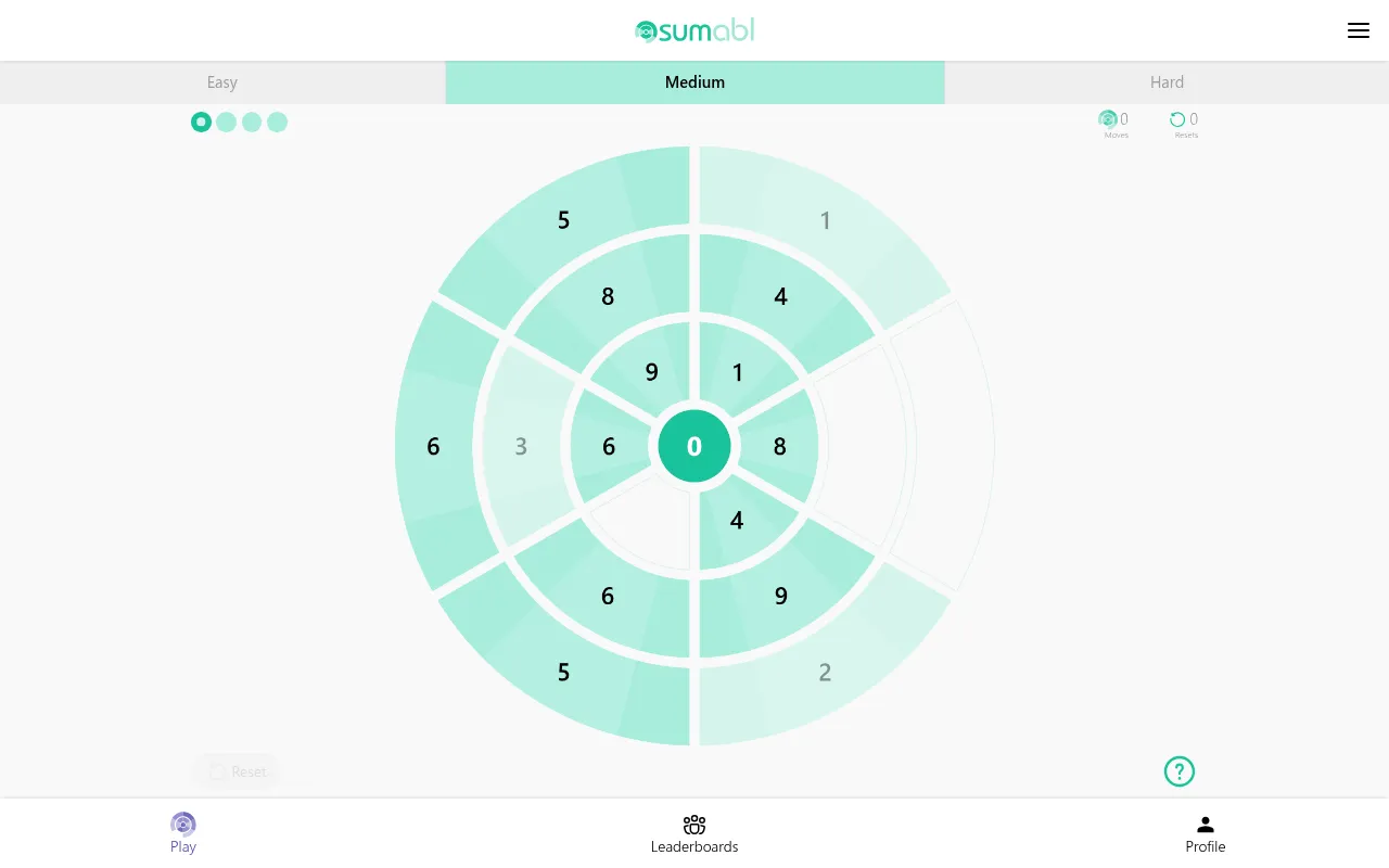 Sumabl Medium board for the day: three rings of teal segments holding numbers such as 5, 8, 9, 1, 4 and 6 around a centre showing 0, with the move and reset counters