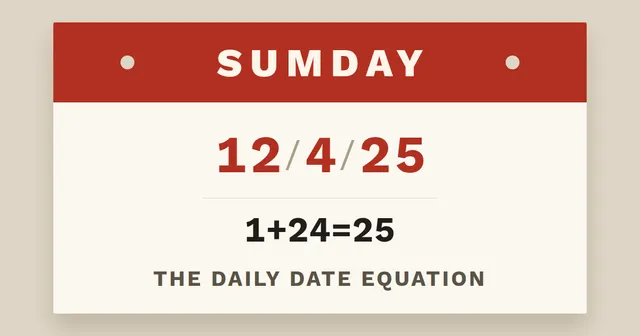 Sumday calendar card showing the date 12/4/25 turned into the equation 1+24=25, labelled the daily date equation