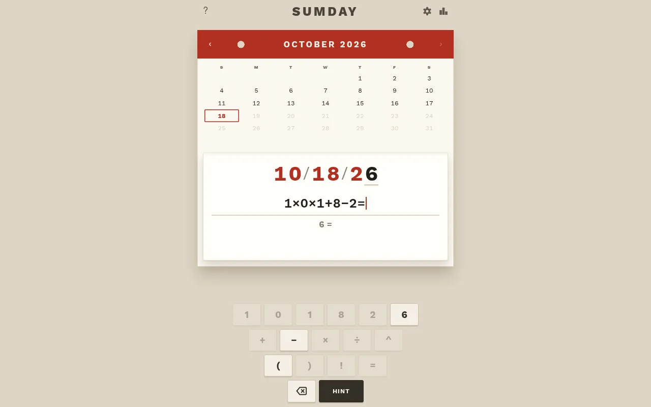 Sumday board for 10/18/26 with the equation 1×0×1+8−2= typed in and the keypad of date digits and operators below