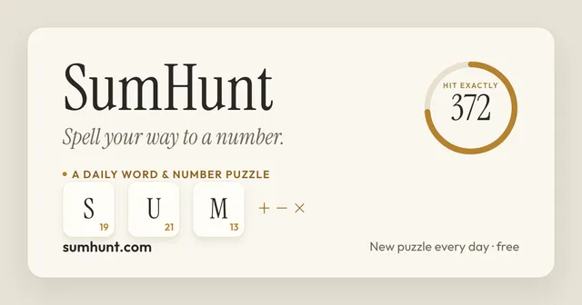 The SumHunt card: letter tiles S, U, M with their values beside a target of 372