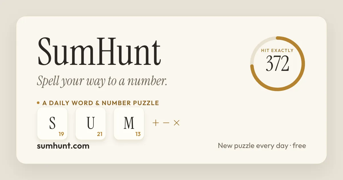 The SumHunt card: letter tiles S, U, M with their values beside a target of 372