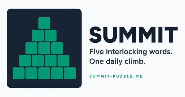The Summit card: a pyramid of green tiles beside Five interlocking words. One daily climb.
