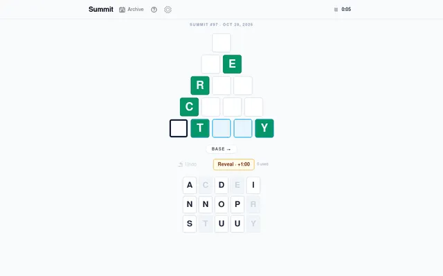 Summit #97 for 28 October 2026: a five-row letter pyramid with E, R, C, T and Y confirmed in green, the Reveal button and the tray of letter tiles below