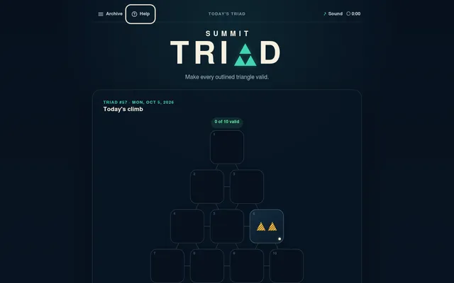 Summit Triad #57 for Monday 5 October 2026: today's climb, an empty pyramid of numbered spaces with one patterned tile placed and the counter at 0 of 10 valid