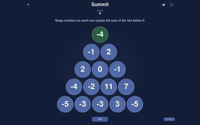Summit puzzle at the start: a five-row pyramid of scrambled number circles, from -4 at the top to -5, -3, -3, 3, -5 along the base, with moves 0, a Hint button and the instruction Swap numbers so each