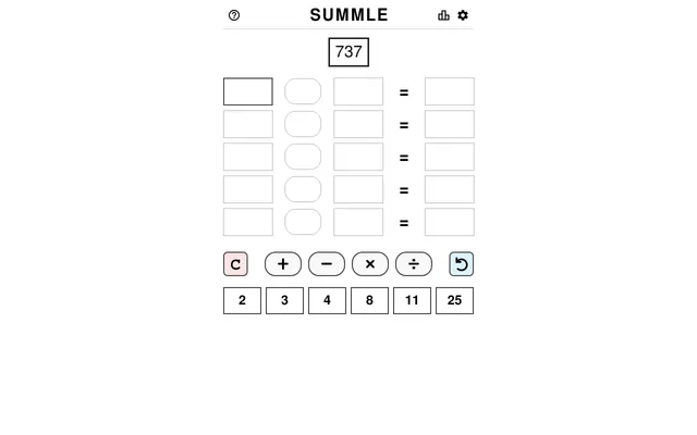Summle puzzle 1708 on a desktop: target 737 above five empty sum rows, the four operation buttons and the tiles 2, 3, 4, 8, 11 and 25