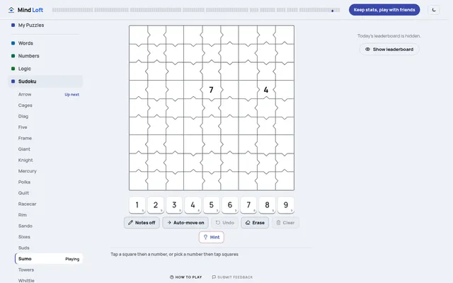 Sumo on Mind Loft for October 17, 2026: a 9x9 sudoku grid whose box edges bend into small points, with two printed digits, above a number pad and Notes, Auto-move, Undo, Erase, Clear and Hint buttons