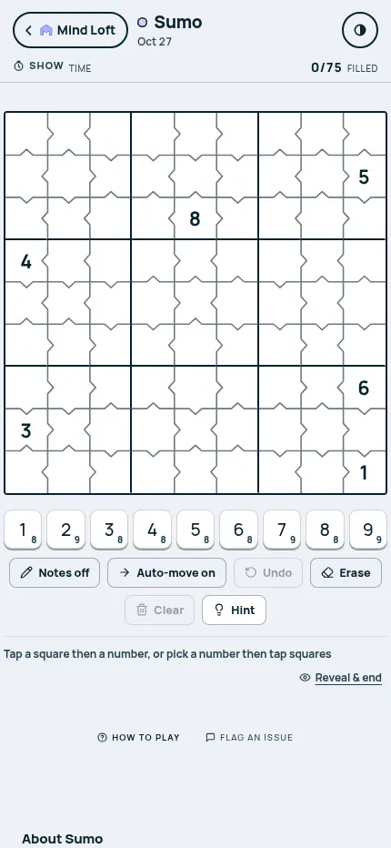 Sumo's October 27, 2026 board at phone size: the full 9x9 grid of bent edges and six printed digits fills the screen width, with the number pad and Notes, Erase and Hint below