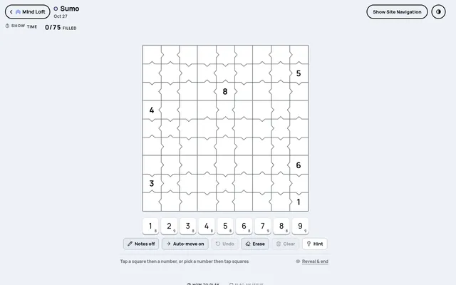Sumo on Mind Loft for October 27, 2026: today's empty 9x9 grid with bent edges pointing to the smaller square and six printed digits, above the number pad, Notes and Hint buttons