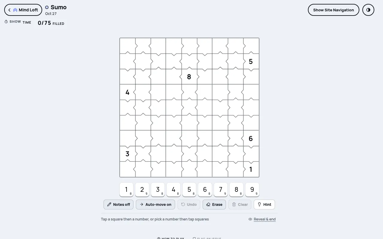 Sumo on Mind Loft for October 27, 2026: today's empty 9x9 grid with bent edges pointing to the smaller square and six printed digits, above the number pad, Notes and Hint buttons