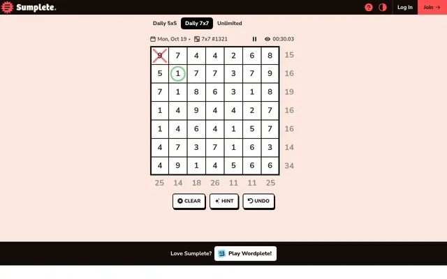Sumplete Daily 7x7 #1321 board for 19 Oct 2026 with row and column target sums, one number crossed out and one circled
