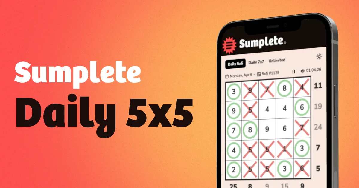 Sumplete Daily 5x5 on a phone: a grid with circled and crossed-out numbers and row and column sums