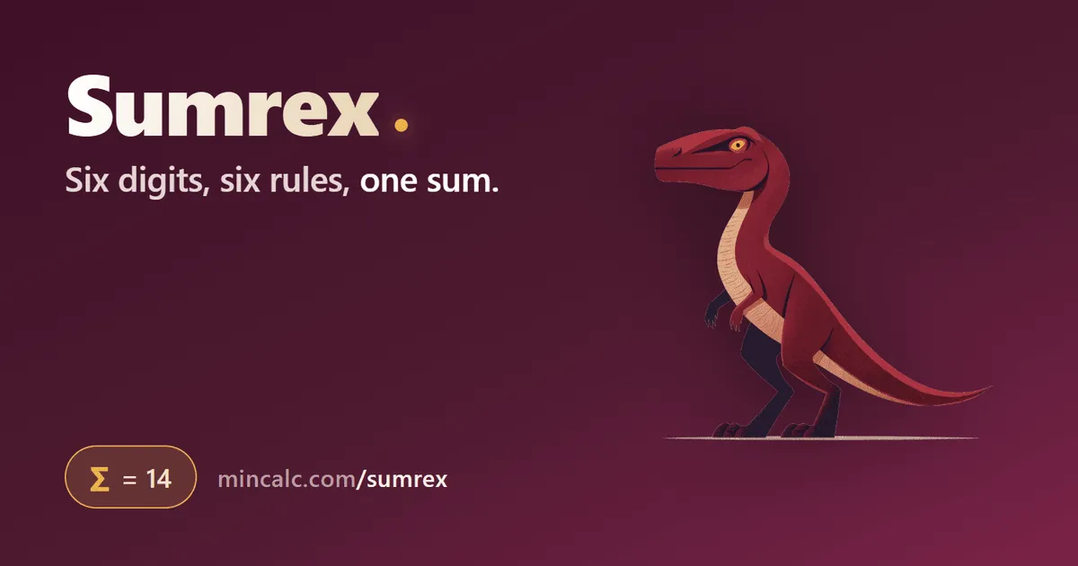 Sumrex title art: an illustrated red dinosaur beside the name Sumrex, Six digits, six rules, one sum, and a sum of 14
