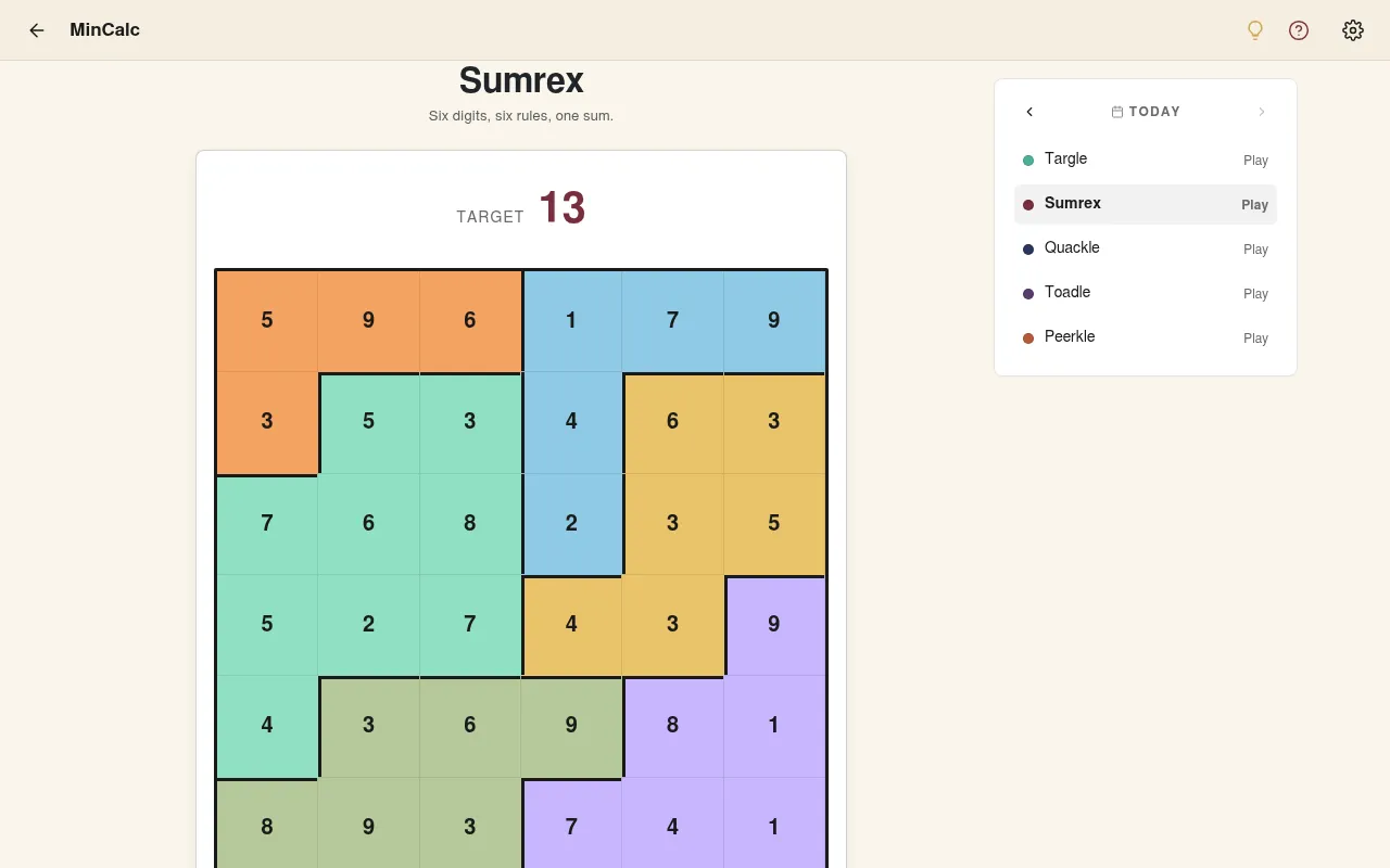 Sumrex daily board: a 6x6 grid of digits in six colour regions with the target 13 above it, beside MinCalc's list of the day's puzzles