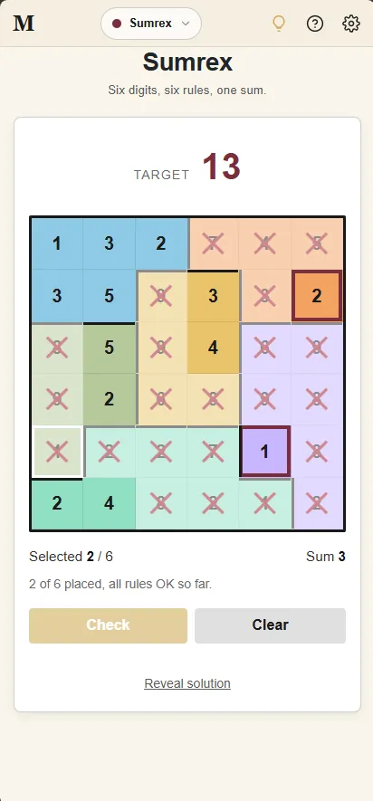 Sumrex (MinCalc) on a phone: a 6x6 board of digits in colour regions with target 13, two rexes placed and other cells crossed out
