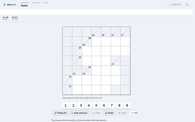 Sums on Mind Loft for 7 October 2026: a 7 by 7 kakuro grid with run totals such as 38, 35, 29 and 27 in the clue squares, empty white squares and a 1 to 9 number pad below