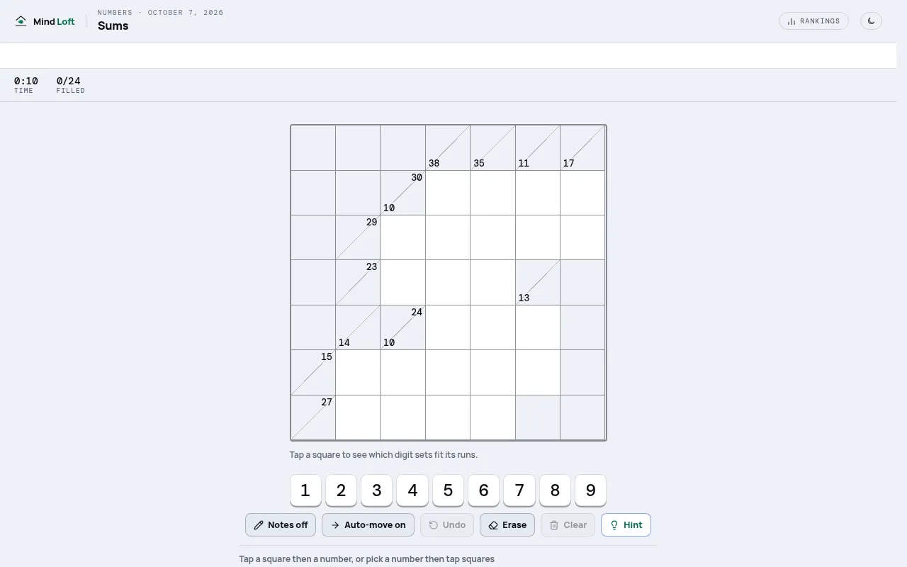 Sums on Mind Loft for 7 October 2026: a 7 by 7 kakuro grid with run totals such as 38, 35, 29 and 27 in the clue squares, empty white squares and a 1 to 9 number pad below