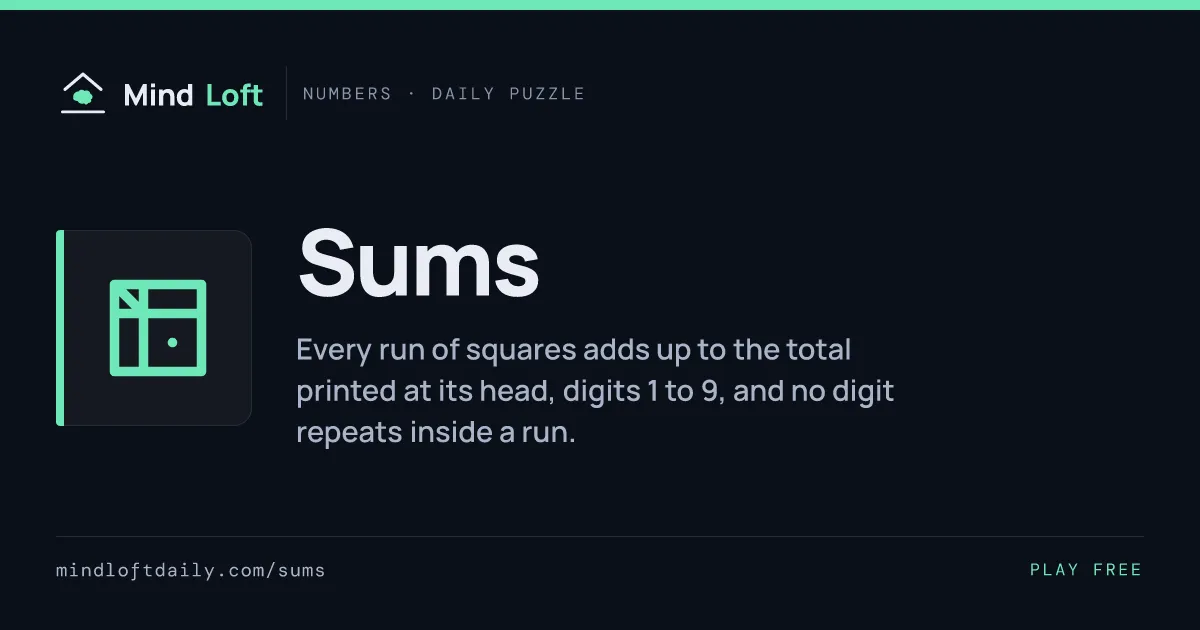 Sums title card from Mind Loft, with the game's icon, name and a one-line description