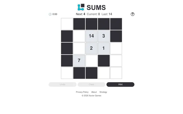 A Mini SUMS 5 by 5 board with walls, clue numbers 1, 2, 3, 7 and 14, and Next: 4 shown above