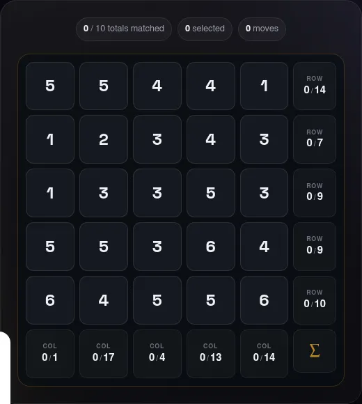 Sumset on Puzzle Round: a 5x5 grid of numbers with row and column target totals and a counter of totals matched