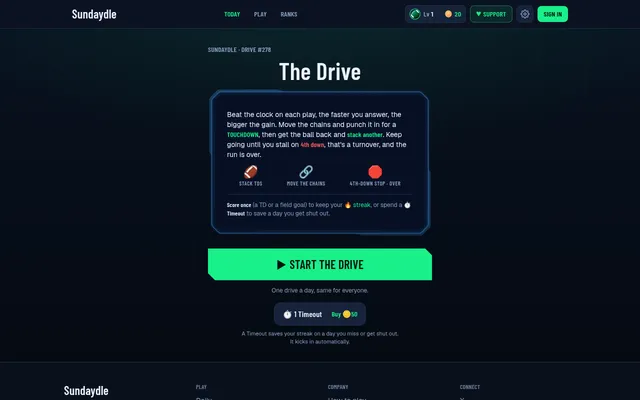 Sundaydle Drive #278 start screen: the rules of The Drive and a green Start the Drive button, one drive a day, same for everyone