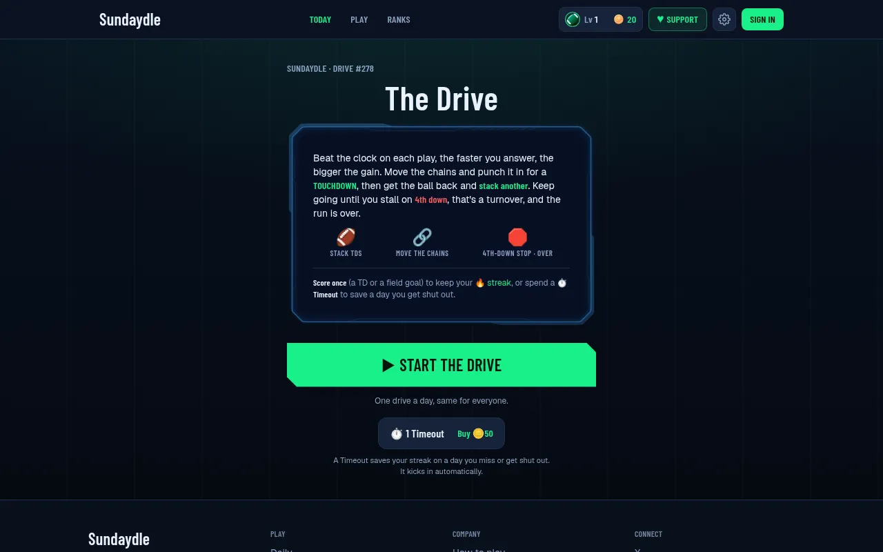 Sundaydle Drive #278 start screen: the rules of The Drive and a green Start the Drive button, one drive a day, same for everyone