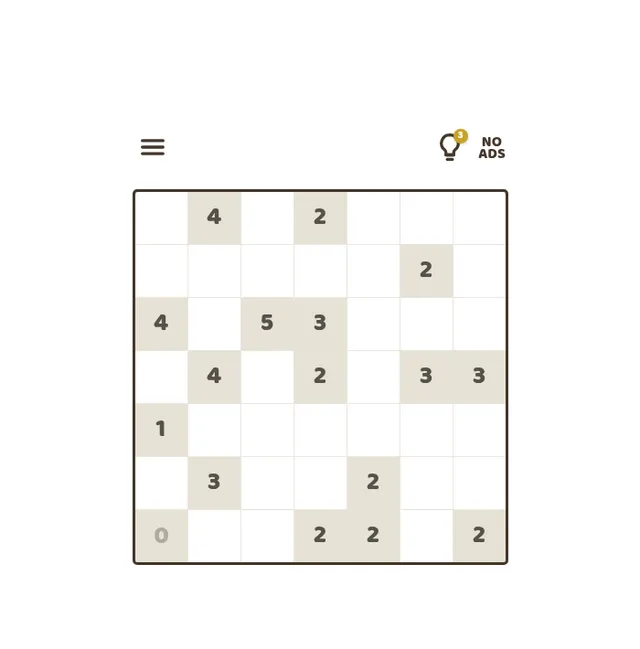 The Sunflowers daily garden for 19 October 2026: a 7x7 grid of shaded clue squares numbered 0 to 5 among empty squares, with the hint bulb and NO ADS button above