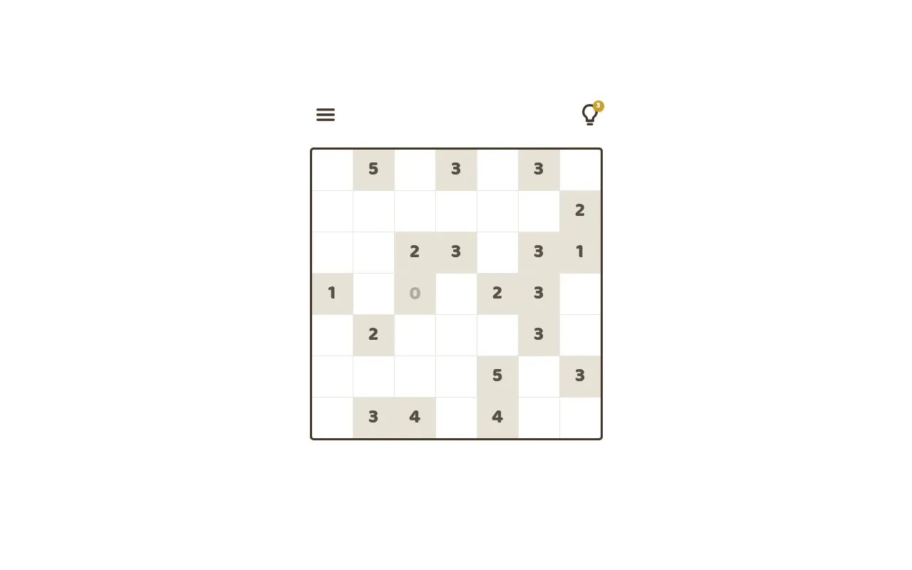 A Sunflowers daily 7x7 garden: shaded clue squares with numbers from 0 to 5 among empty squares, with a hint bulb above