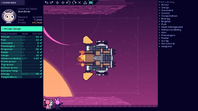 Sunshine Heavy Industries screenshot of a 2D spaceship being built from parts