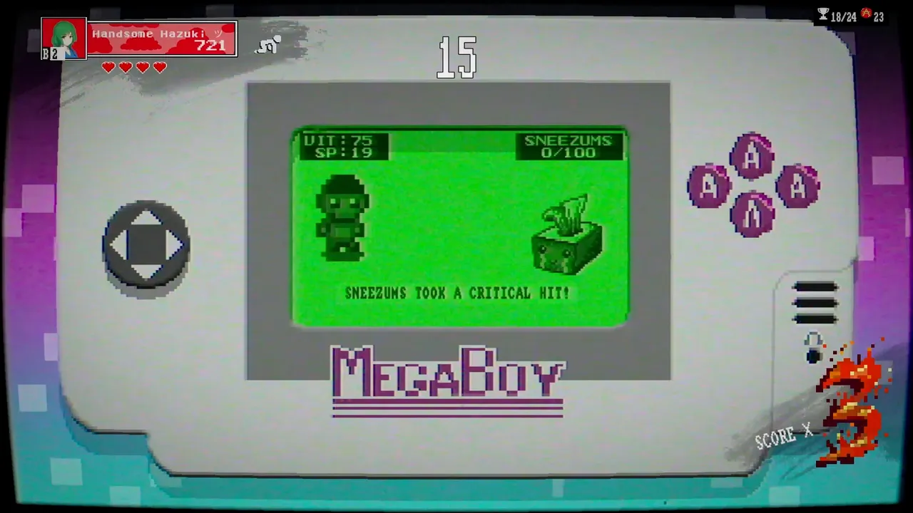 A SUPER 56 mini-game drawn on a MegaBoy handheld, a green-screen battle against a tissue box called Sneezums