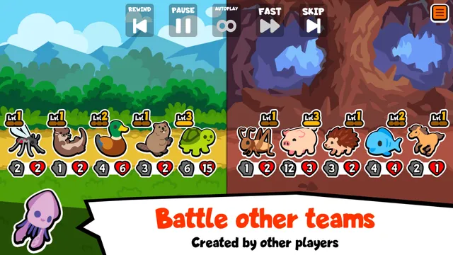 A Super Auto Pets battle: a team of five pets with level, attack and health badges faces an enemy team of five, with replay controls above