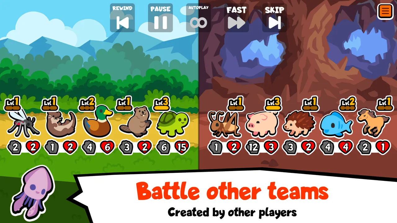 A Super Auto Pets battle: a team of five pets with level, attack and health badges faces an enemy team of five, with replay controls above