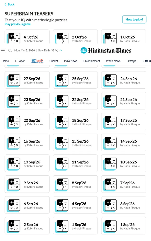 Hindustan Times Superbrain Teasers: Test your IQ with maths/logic puzzles, above a grid of dated puzzles by Kabir Firaque from 4 Oct 2026 back through September