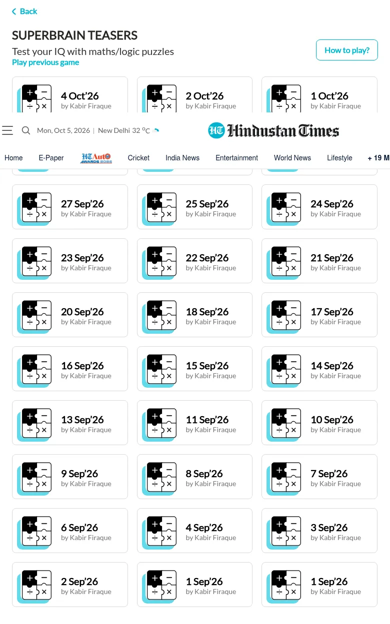 Hindustan Times Superbrain Teasers: Test your IQ with maths/logic puzzles, above a grid of dated puzzles by Kabir Firaque from 4 Oct 2026 back through September