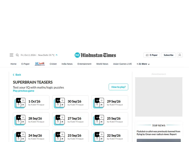 The Superbrain Teasers page on Hindustan Times with a grid of dated maths puzzles by Kabir Firaque