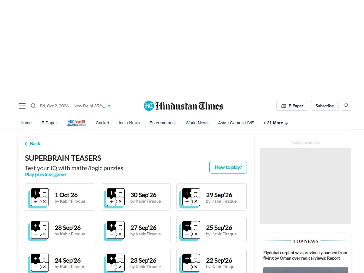 The Superbrain Teasers page on Hindustan Times with a grid of dated maths puzzles by Kabir Firaque