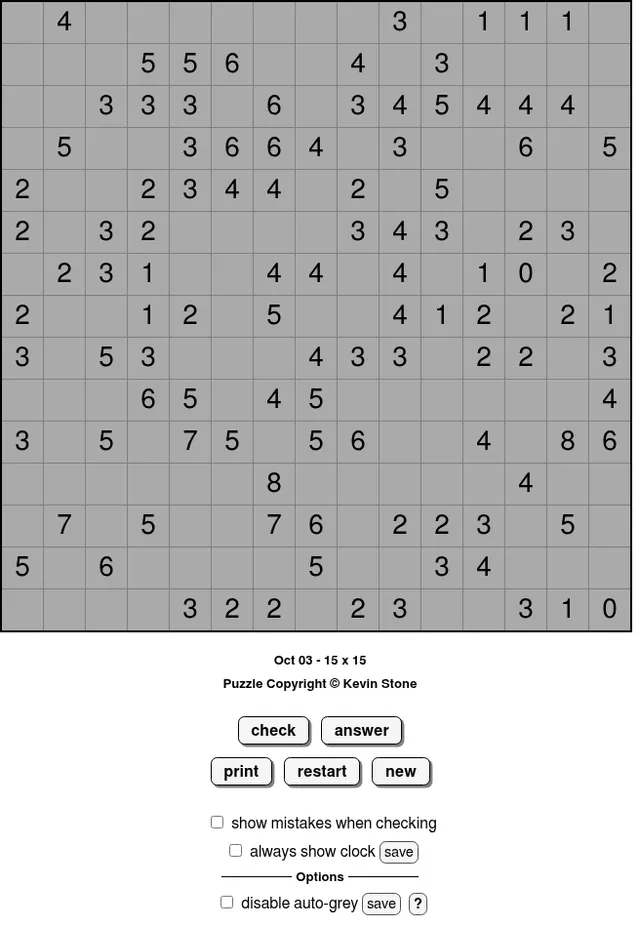 BrainBashers SurroundNine for 3 October, 15x15: a grey grid with clue numbers from 0 to 8 that count black squares in each 3x3 block
