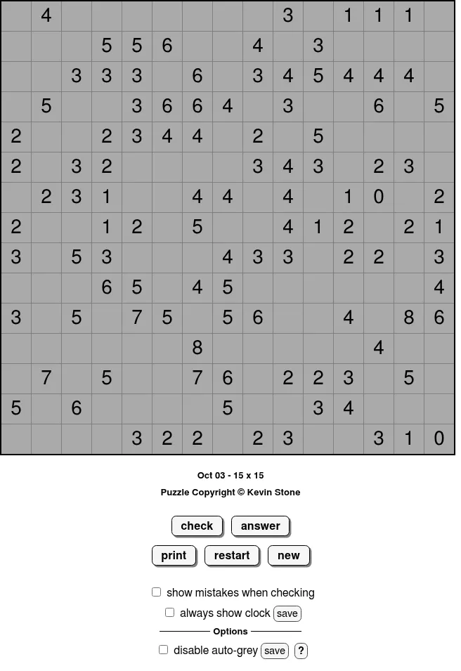 BrainBashers SurroundNine for 3 October, 15x15: a grey grid with clue numbers from 0 to 8 that count black squares in each 3x3 block