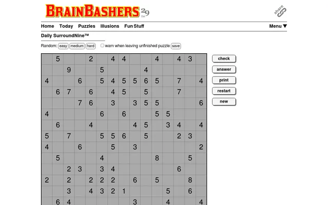 BrainBashers SurroundNine for 21 October 2026, 15x15 Hard: a grey grid of clue numbers 1 to 9 beside check, answer, print, restart and new buttons